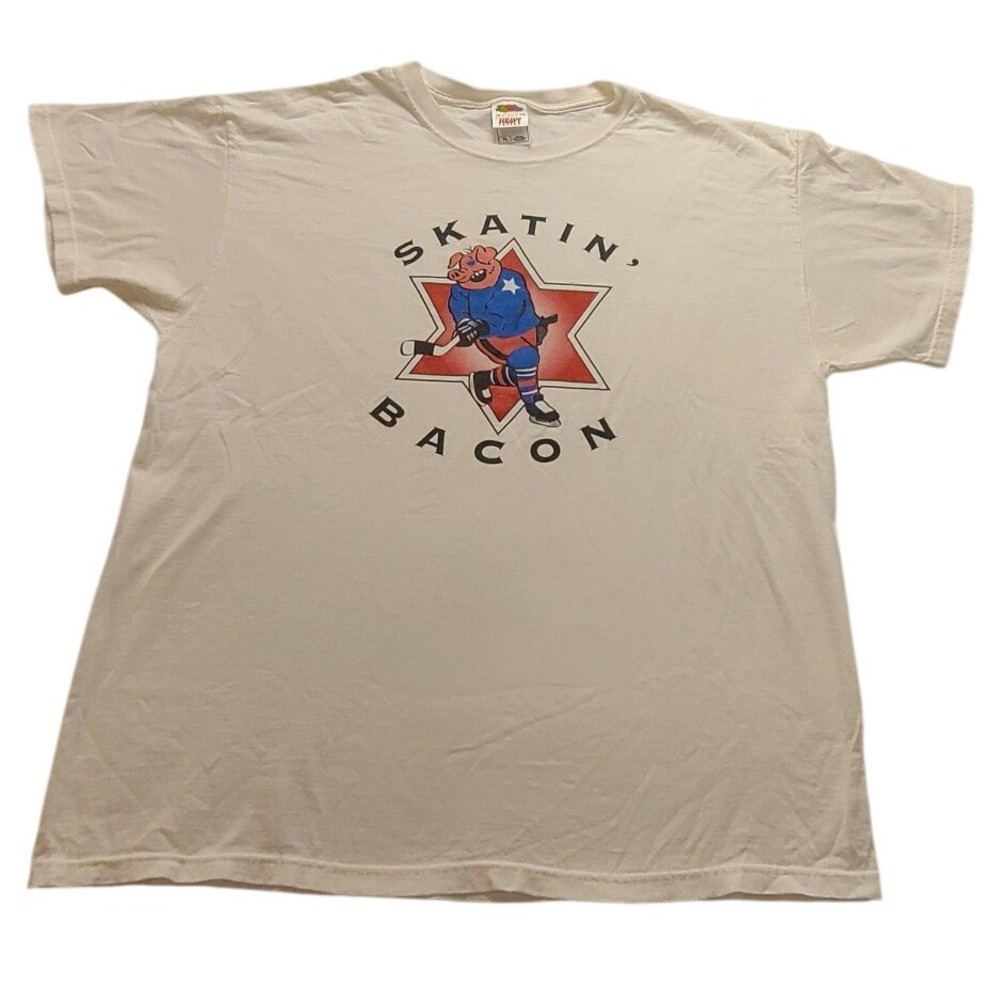 Fruit of the Loom Skatin Bacon Hockey Pig Graphic T-Shirt White Men's XL Cotton